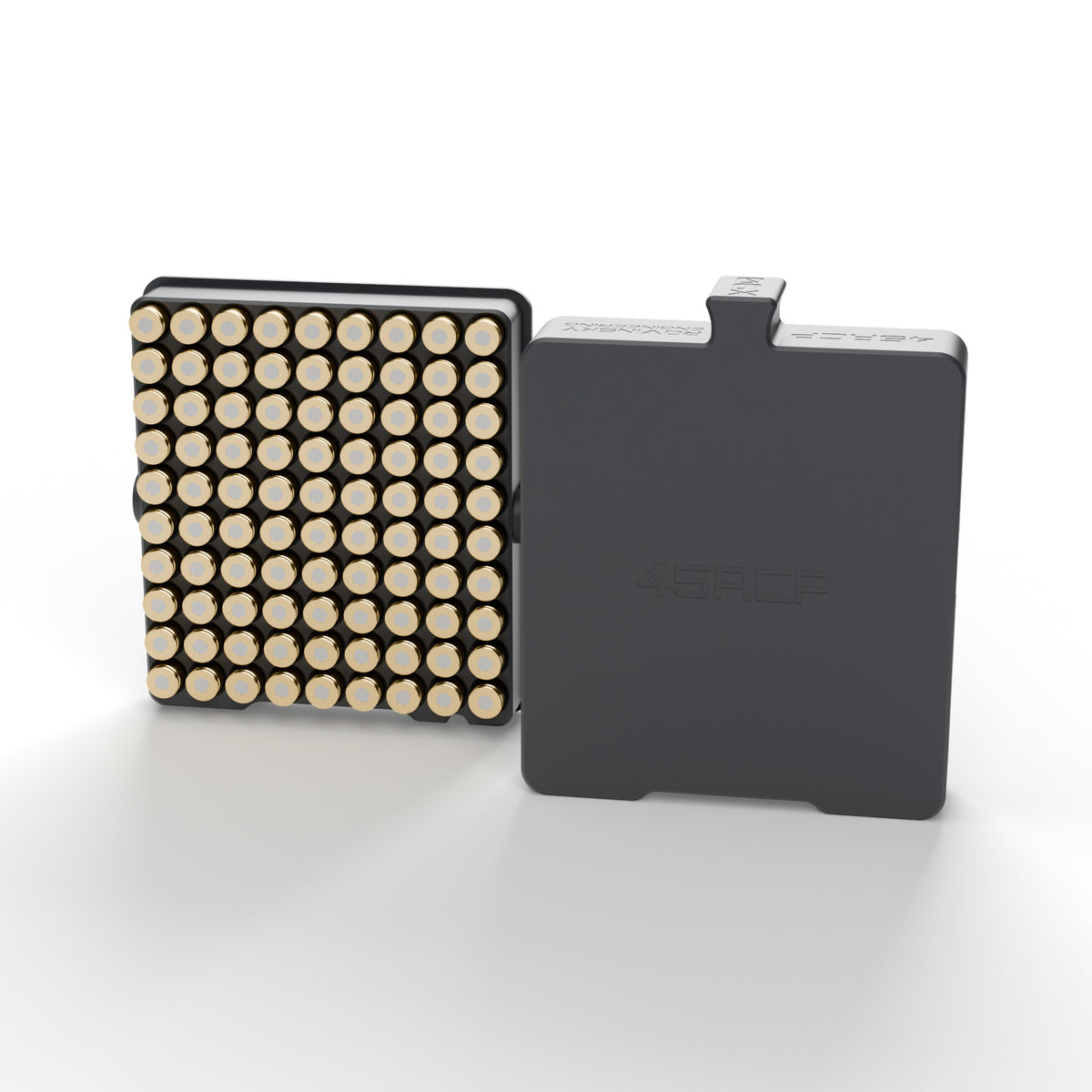 .45 ACP luggage case in graphite holding 90 rounds primer-up, next to its slide-off lid