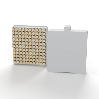 9mm luggage case in light grey holding 110 rounds primer-up, next to its slide-off lid