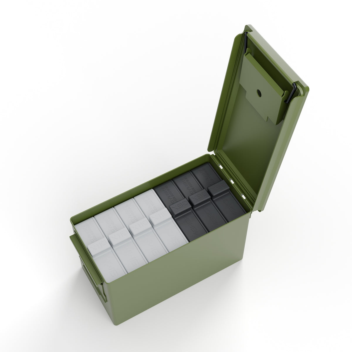 Seven luggage cases, four 9mm and three .45 ACP, inside an open .50 cal ammo can