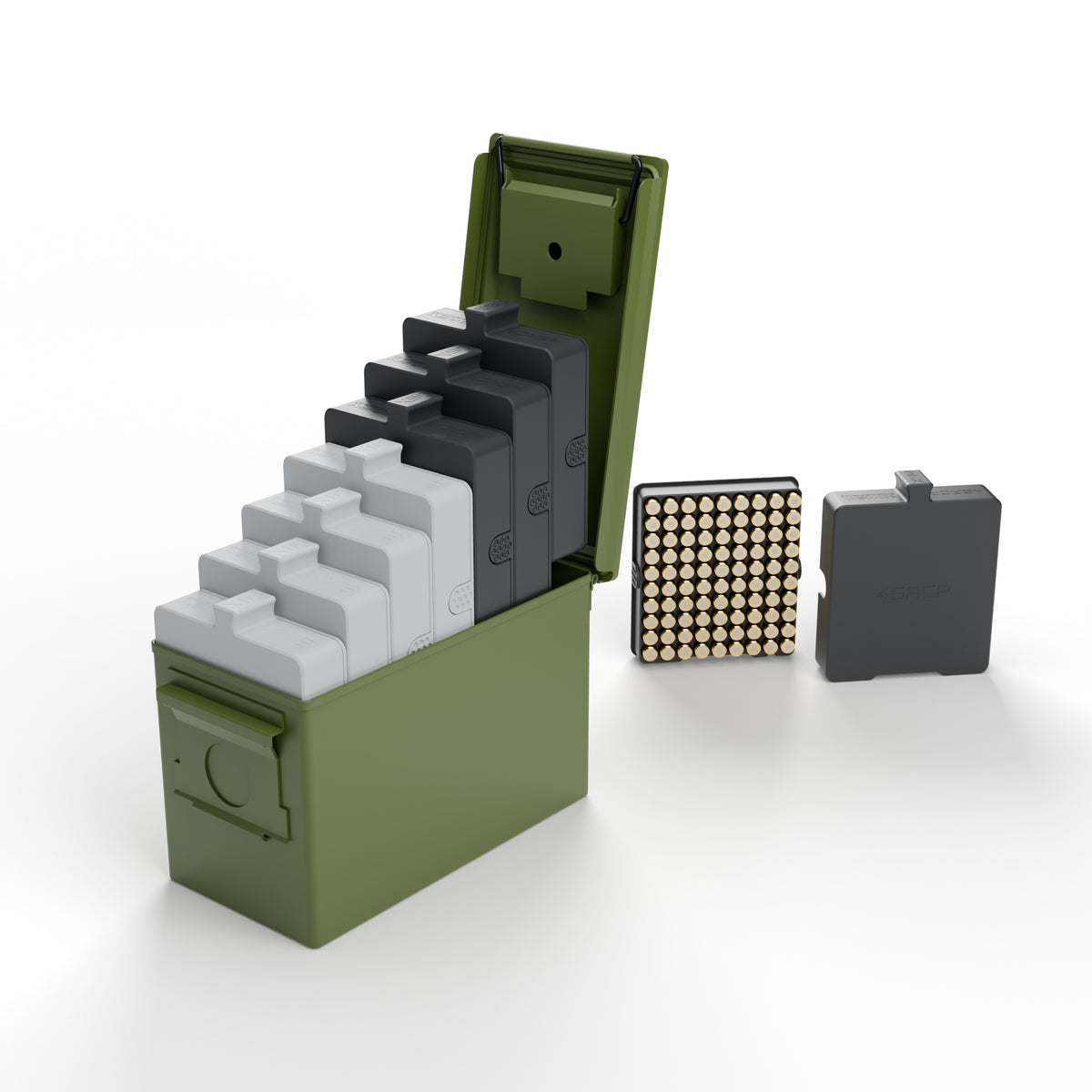 Seven color-coded luggage cases stepped up out of an open .50 cal ammo can, with a .45 ACP case open beside it, rounds loaded primer-up
